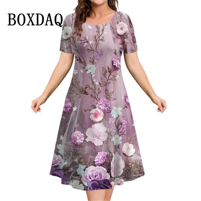 Новые 2025 винтажные платья женские 3D цветы принт с коротким рукавом летние повседневные пуловеры модные свободные женские платья больших размеров