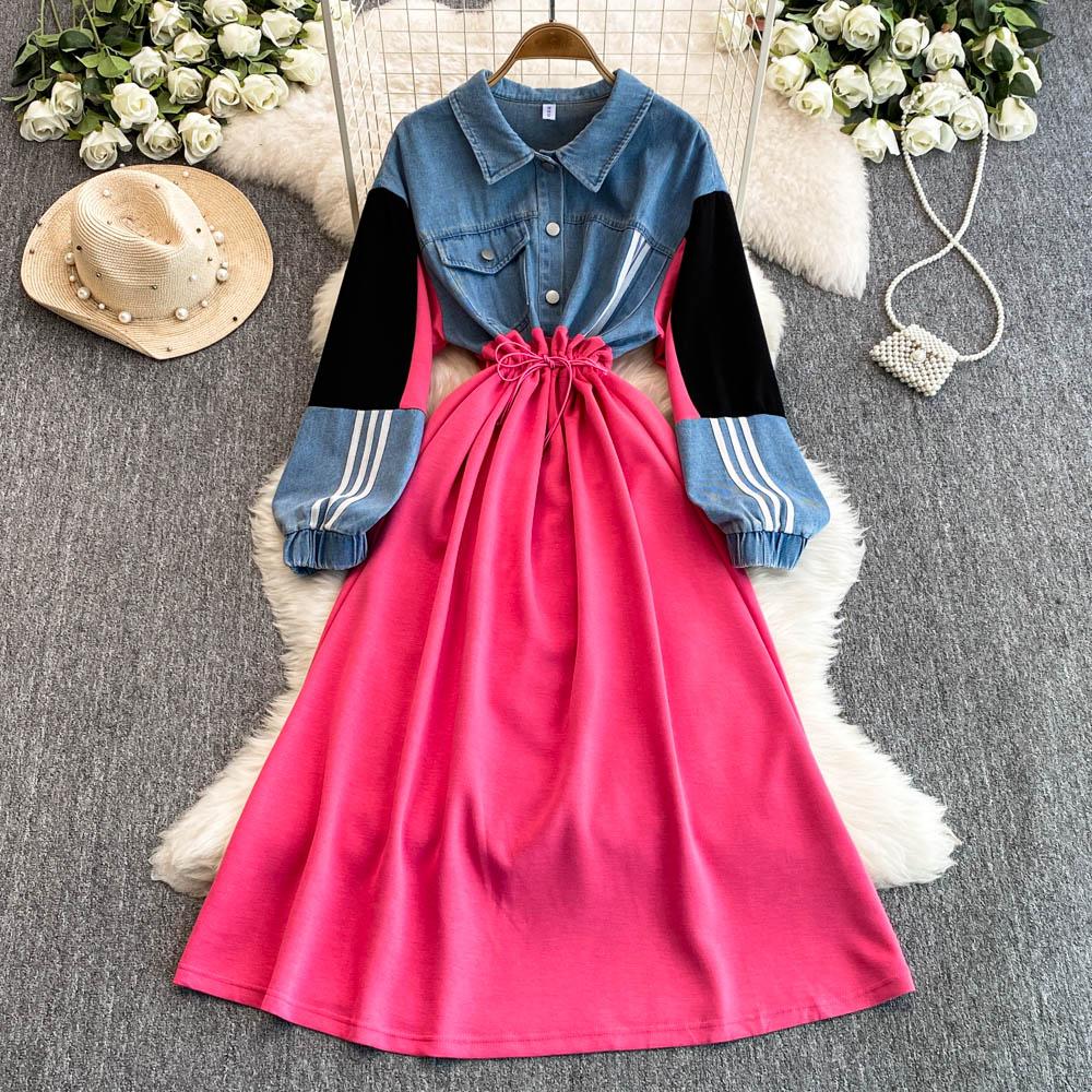 Новое контрастное джинсовое платье в стиле пэчворк с лацканами, женское дизайнерское платье Sense с завязками на талии, утягивающее длинное платье