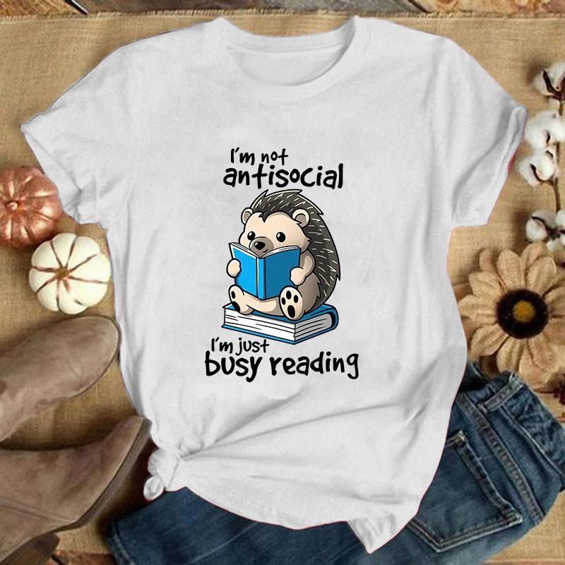 (Премиум-футболка)Футболки с принтом «Ежик, я не асоциальный, я просто занят чтением» для женщин, летние, с коротким рукавом и круглым вырезом