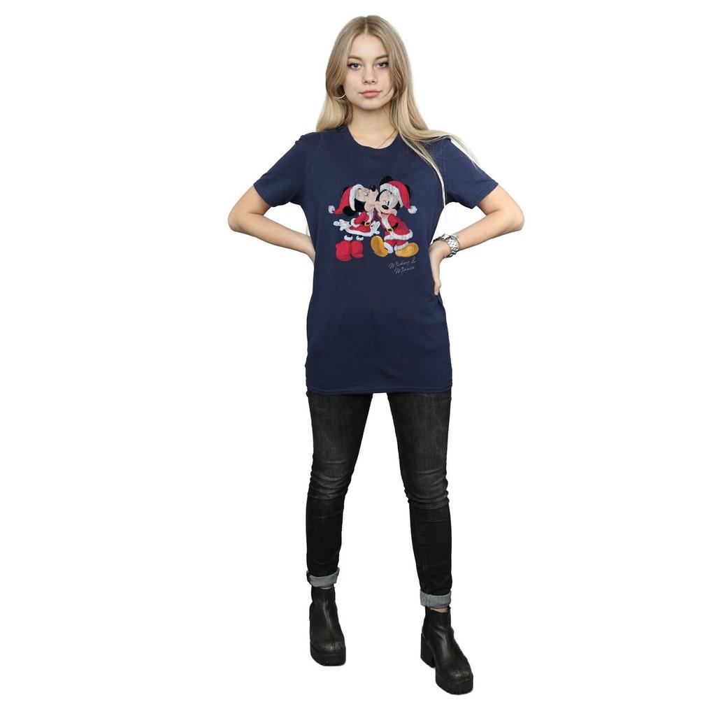 Disney Womens/Ladies Mickey And Minnie Christmas Kiss Cotton Boyfriend T-Shirt