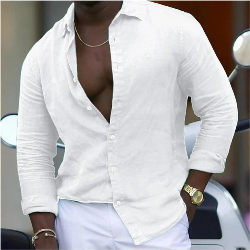 New Cotton-linen Blend Men's Long-sleeved Shirt Solid-colour Casual Collared Shirt