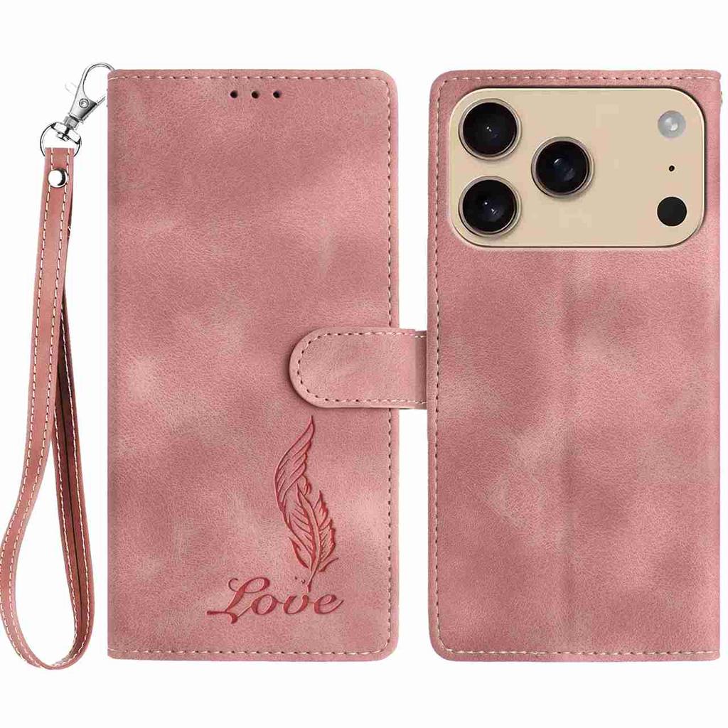 For iPhone 17 Pro Case Imprinted Feather PU Leather Wallet Phone Cover with Wrist Strap