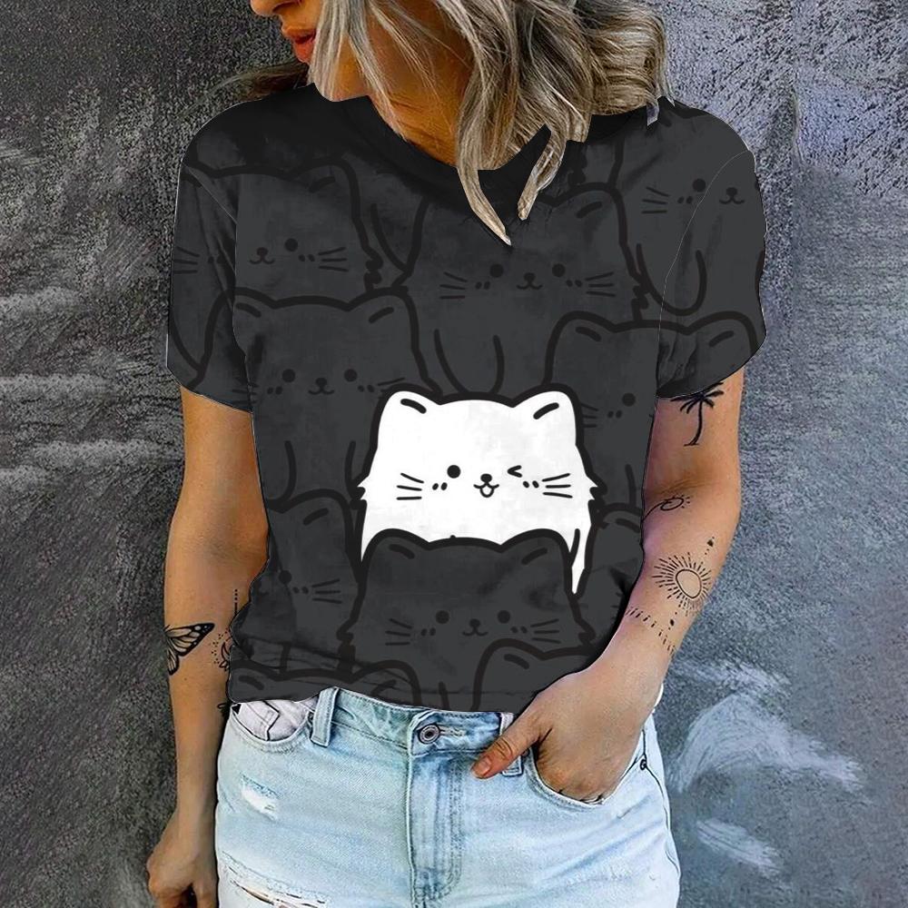 Футболка с круглым вырезом и принтом мультяшного кота, летняя, повседневная, дышащая, свободная, уличная, простая, женская футболка, топ