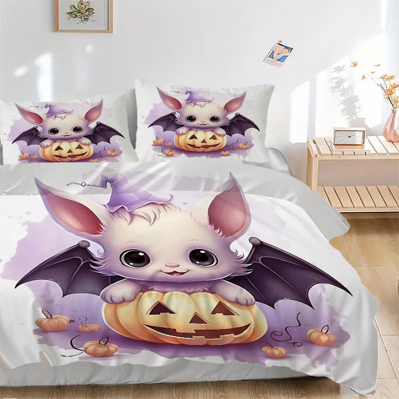 3pcs Wizard Bat & Pumpkin Cute Design Bedding Set - 1 Soft Quilt Cover + 2 Pillowcases, Machine Washable - Suitable for All Seasons, Perfect