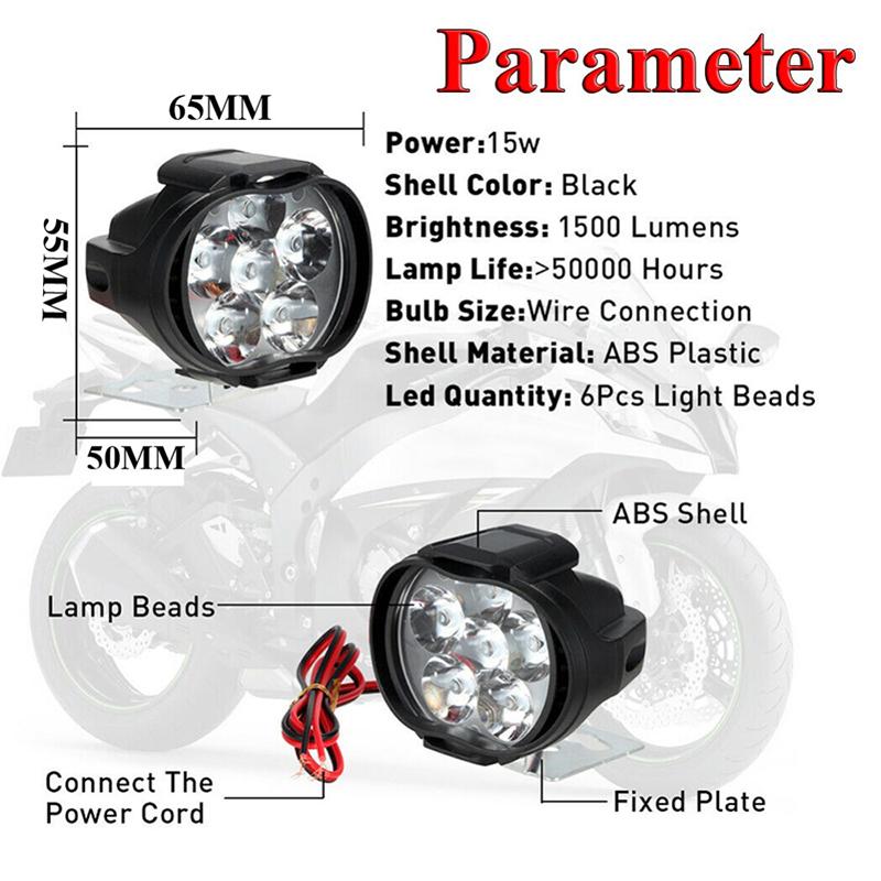 2Pc 6 LED Motorcycle Headlight Waterproof Super Bright Headlight Motorcycle Spotlights Auxiliary Scooters Work Light Accessories