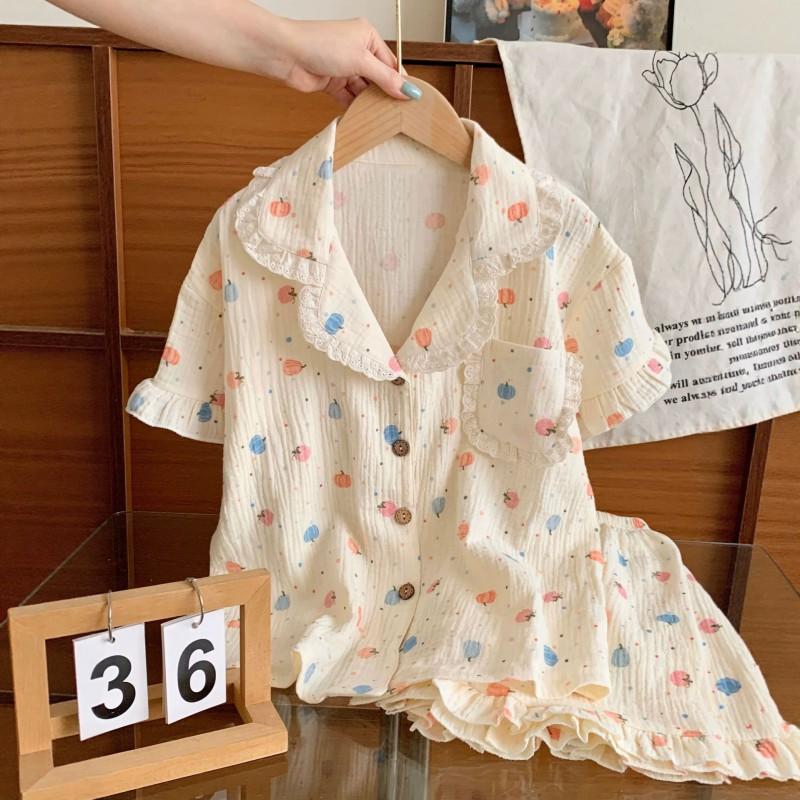 100% Cotton Cartoon Print Short Sleeve Pajama Set Girls Lightweight Sleepwear Two Piece Home Outfit