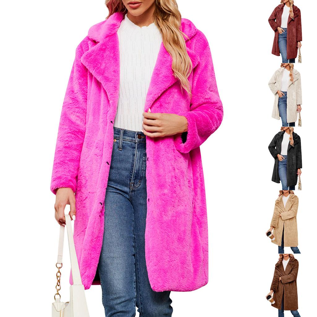 Women's Autumn And Winter Lapel Solid Color Cardigan Coat Plush Long Jacket Coat