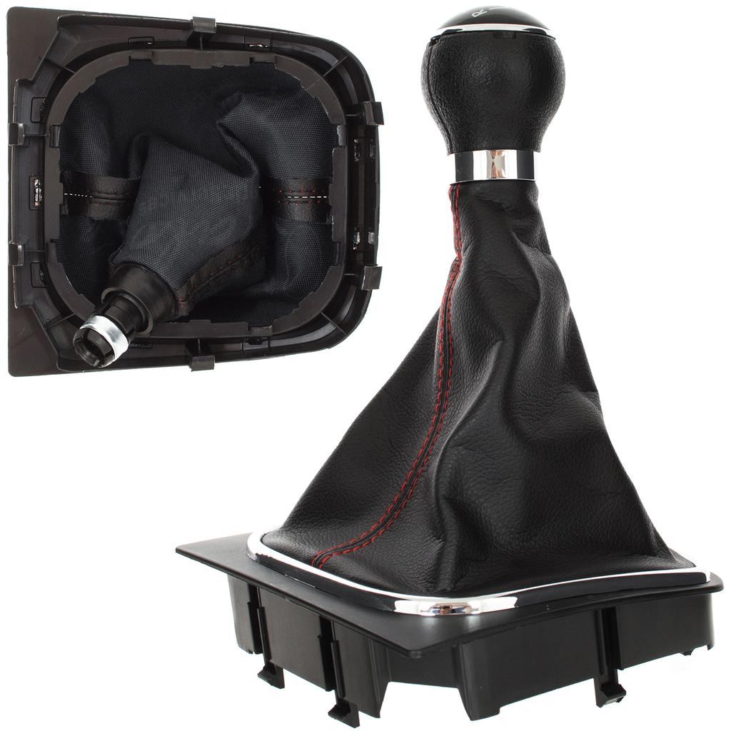 Vw Golf V 03-08 Gear Shift Knob + Black Gaiter With Red Thread And Chrome Frame 5 Speed