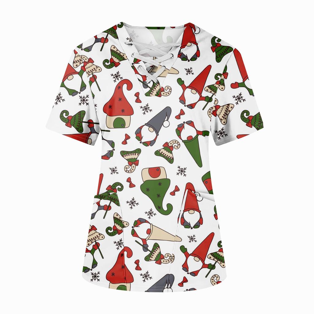 Плюс размерСкраб с принтом Рабочая форма Топы для женщин Крест V-образным вырезом Хэллоуин Принт с короткими рукавами Забавные футболки Спецодежда Футболка с карманами