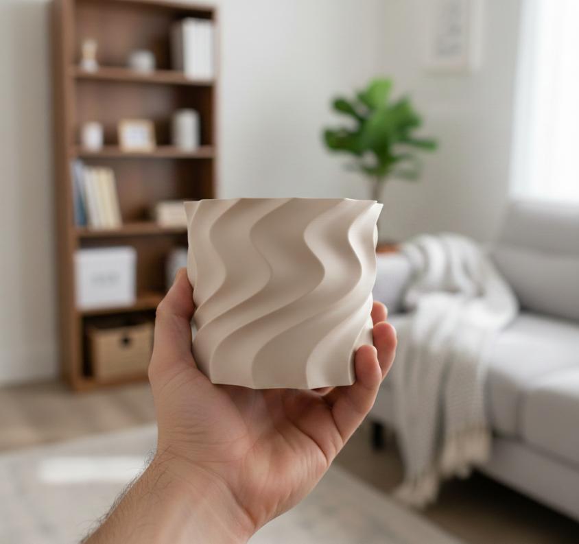 Decorative beige spiral flowerpot for plants, modern design