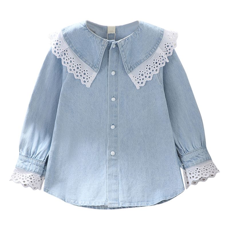 Джинсовые блузки для девочек, весна-осень, новые синие топы с кружевным воротником, кардиган для девочек, футболка