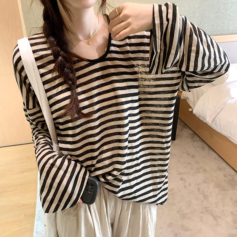 Футболка с длинным рукавом и защитой от солнца в полоску в стиле ленивой моды, женская тонкая свободная блузка большого размера
