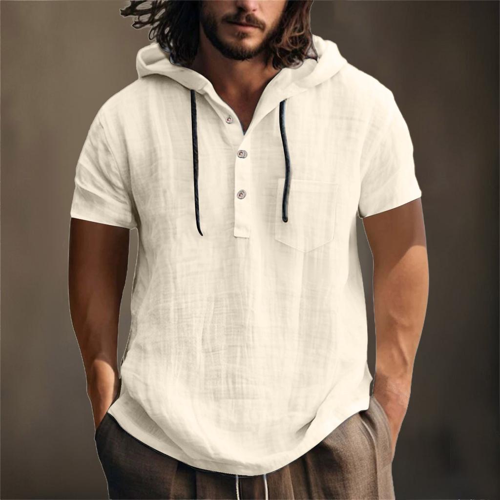 Мужская летняя хлопковая конопляная хлопковая тонкая повседневная однотонная свободная куртка с капюшоном и коротким рукавом