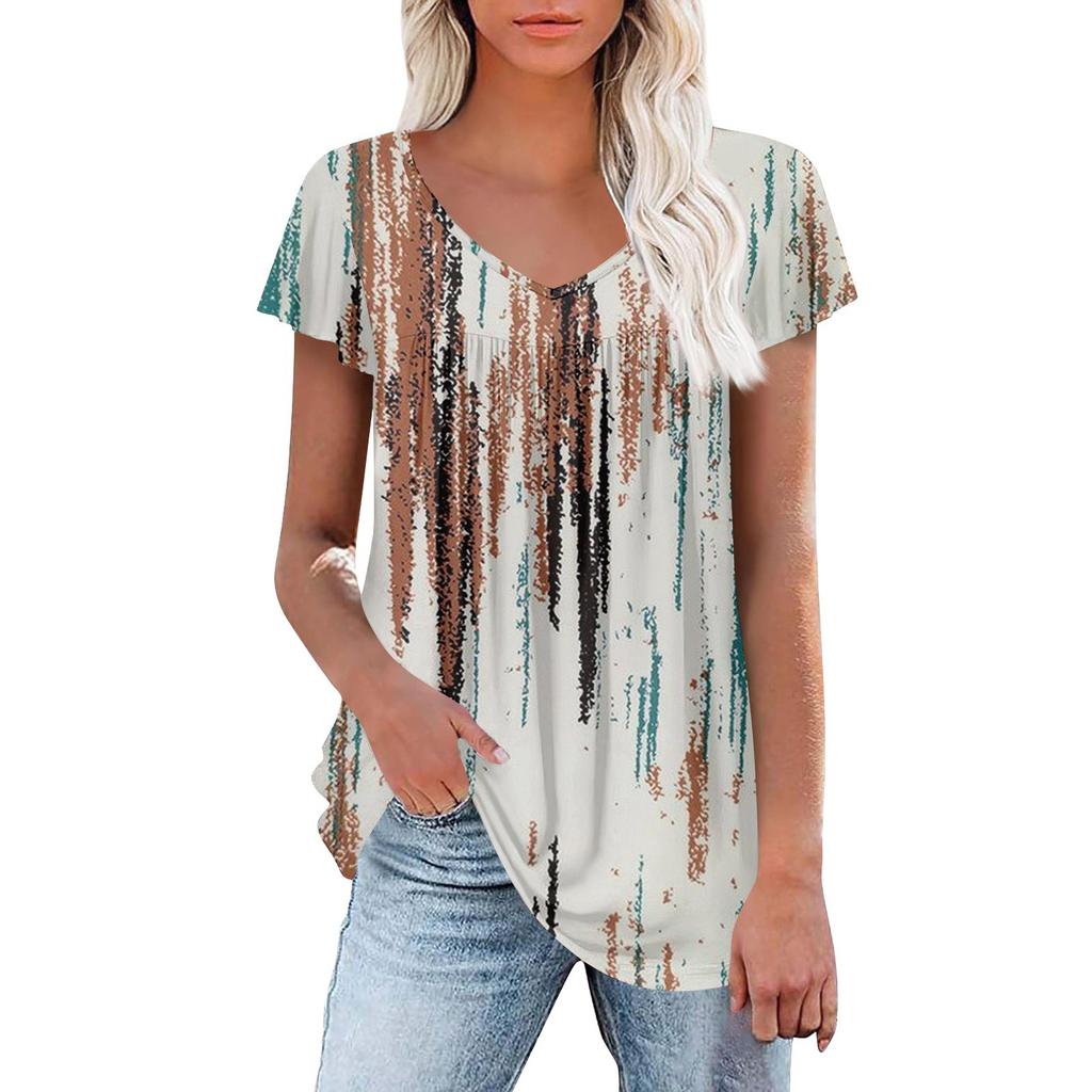 Женские туники, элегантные повседневные летние рубашки с коротким рукавом, цветочные свободные плиссированные топы в стиле бохо