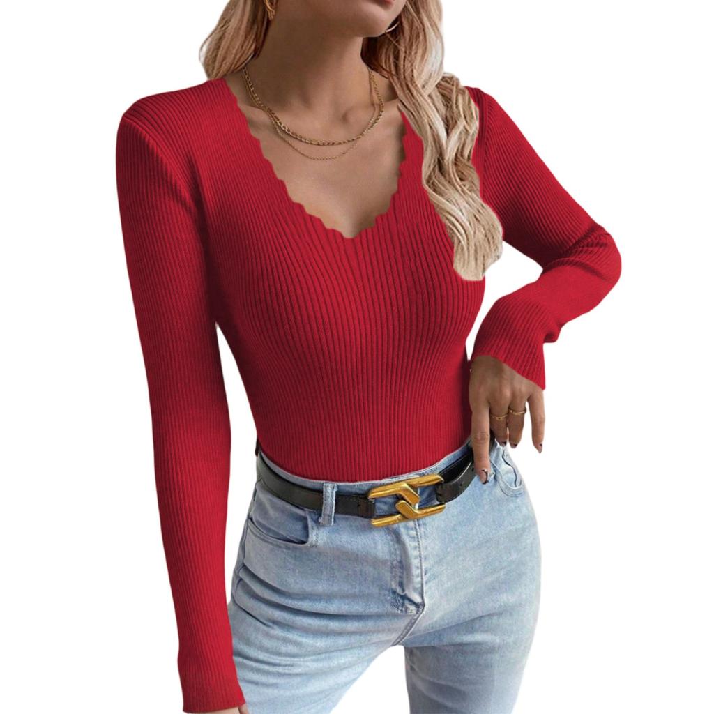 Women's V-neck Solid Color Long-sleeved Pullover Knitted Sweater Bottoming