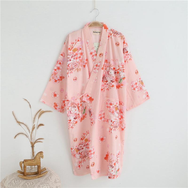 Japanese Kimono Ladies Bathrobe Nightdress Long-sleeved Nightgown Cotton Gauze Summer and Autumn Cute Sweaty Spring Cotton Pajamas