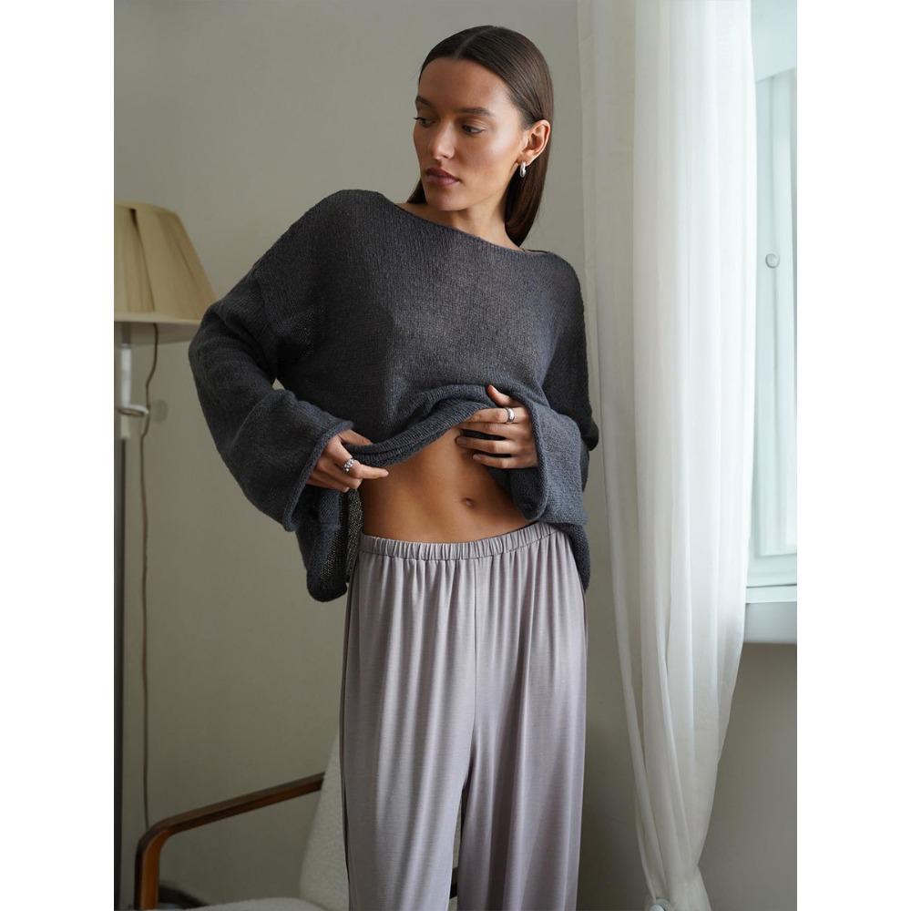 Трансграничная футболка с вырезами Новая женская перспективная тонкая трикотажная футболка с большим круглым вырезом и рукавами-фонариками