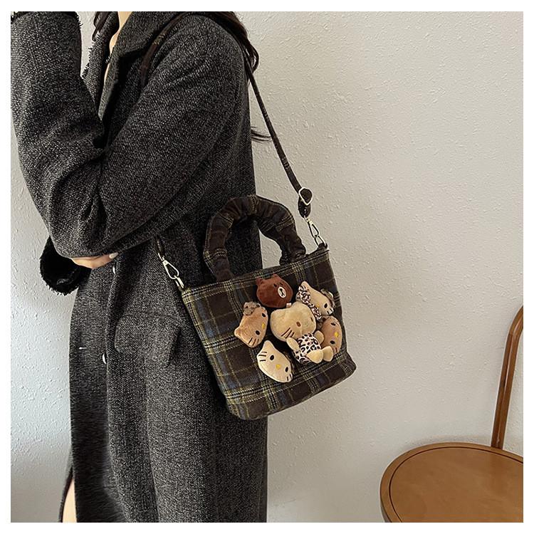 Ielgy Fashion Cute Doll Handbag Autumn Winter Woolen Check Bucket Bag Large Capacity Crossbody Bag