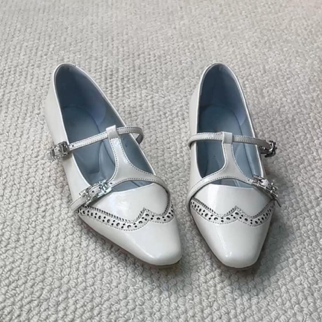 Sheepskin Version~ New Niche Design H-buckle Shallow Mouth Mary Jane Shoes Square Head Inner Height Increase Leather Shoes Engraved Single Shoes