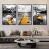 Yellow Boat On The Lake Landscape Canvas Prints Gold Wooden Bridge Mountain Abstract Wall Art Paintings For Home Decor