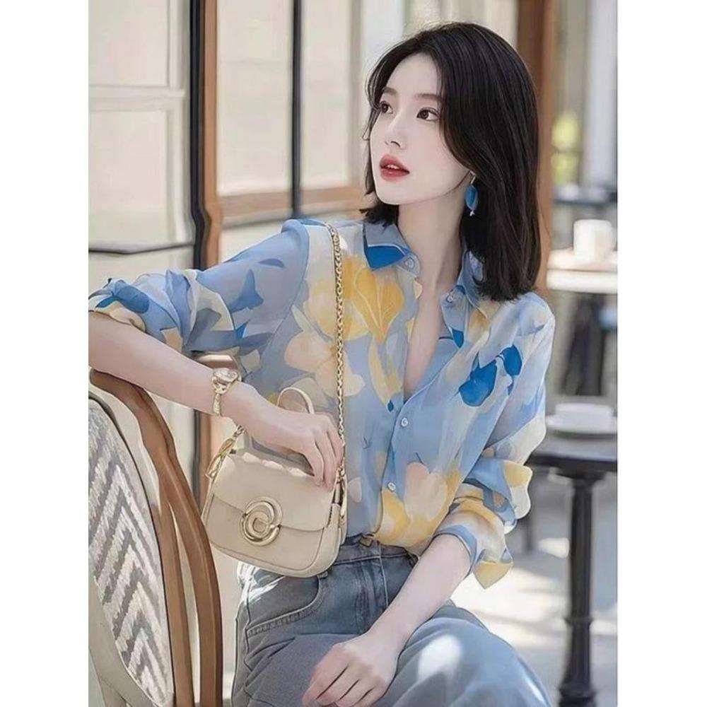 Маленький нишевый дизайн Красивая рубашка с принтом Женская с длинным рукавом Стильная Универсальная Свободного кроя Женская рубашка