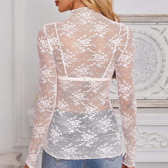 Женские прозрачные сетчатые кружевные топы Сексуальная рубашка с цветочной вышивкой и длинным рукавом Базовые топы Универсальные просвечивающие