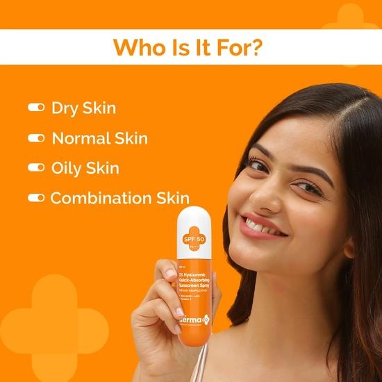 Дерма Ко. 1% гиалуроновый быстровпитывающийся солнцезащитный спрей | Гиалуроновая кислота и витамин Е | SPF 50 и PA++++ | Лицо и тело | Все типы кожи - 100 мл