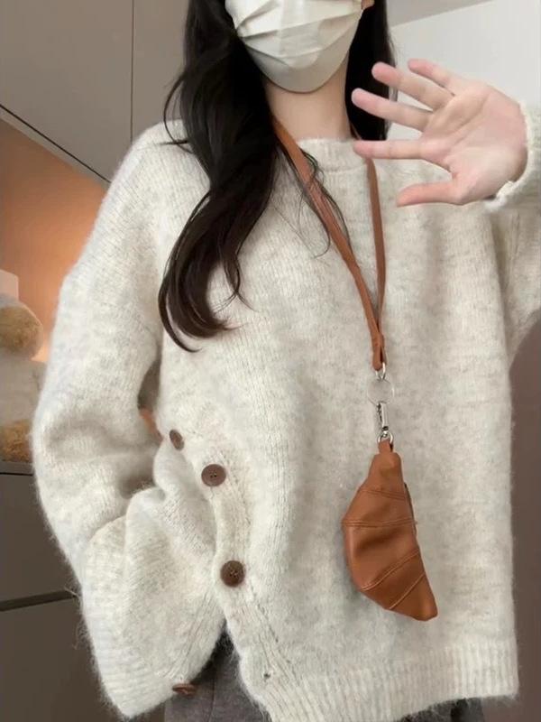 Autumn/Winter Loose Slit Pullover: Women's Solid Color Slimming Knitwear