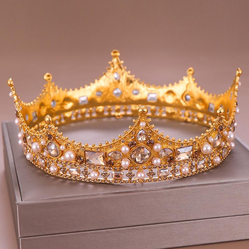 Винтажная Золотая Королевская Корона, круглая тиара, ювелирные изделия на голову невесты, аксессуары для волос с жемчугом и кристаллами, свадебные украшения в виде короны, повязка на голову, диадема