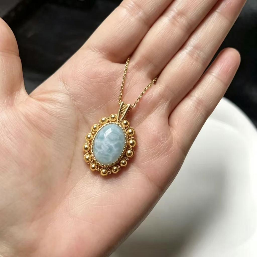 Натуральный кулон-ожерелье из ларимара 14K позолота, обмотка проволокой с жемчугом, винтажное ручное изготовление, овальный синий драгоценный камень, украшение для женщин