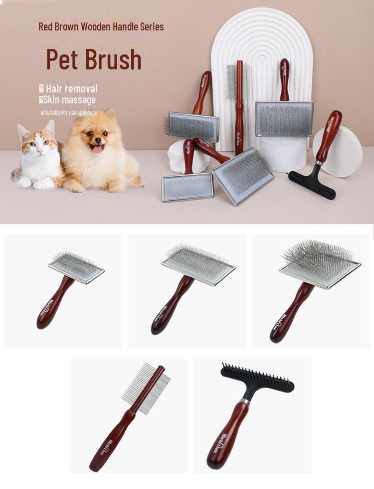 Двусторонняя расческа из цельного дерева для собак и кошек от Pet Supplies - игольчатая, пушистая и с когтями, с красно-коричневой ручкой