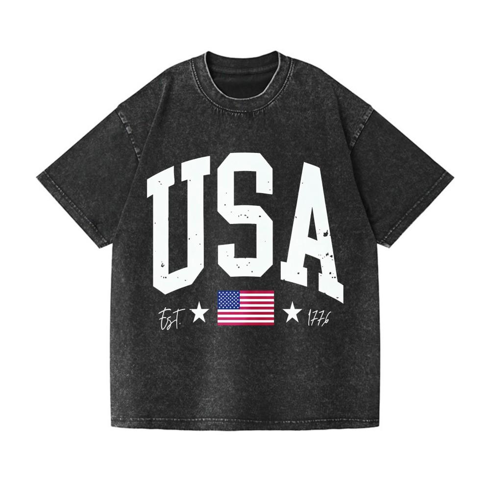 USA Est 1776 American Flag Vintage Washed T-Shirt Unisex 4th of July Graphic Tee