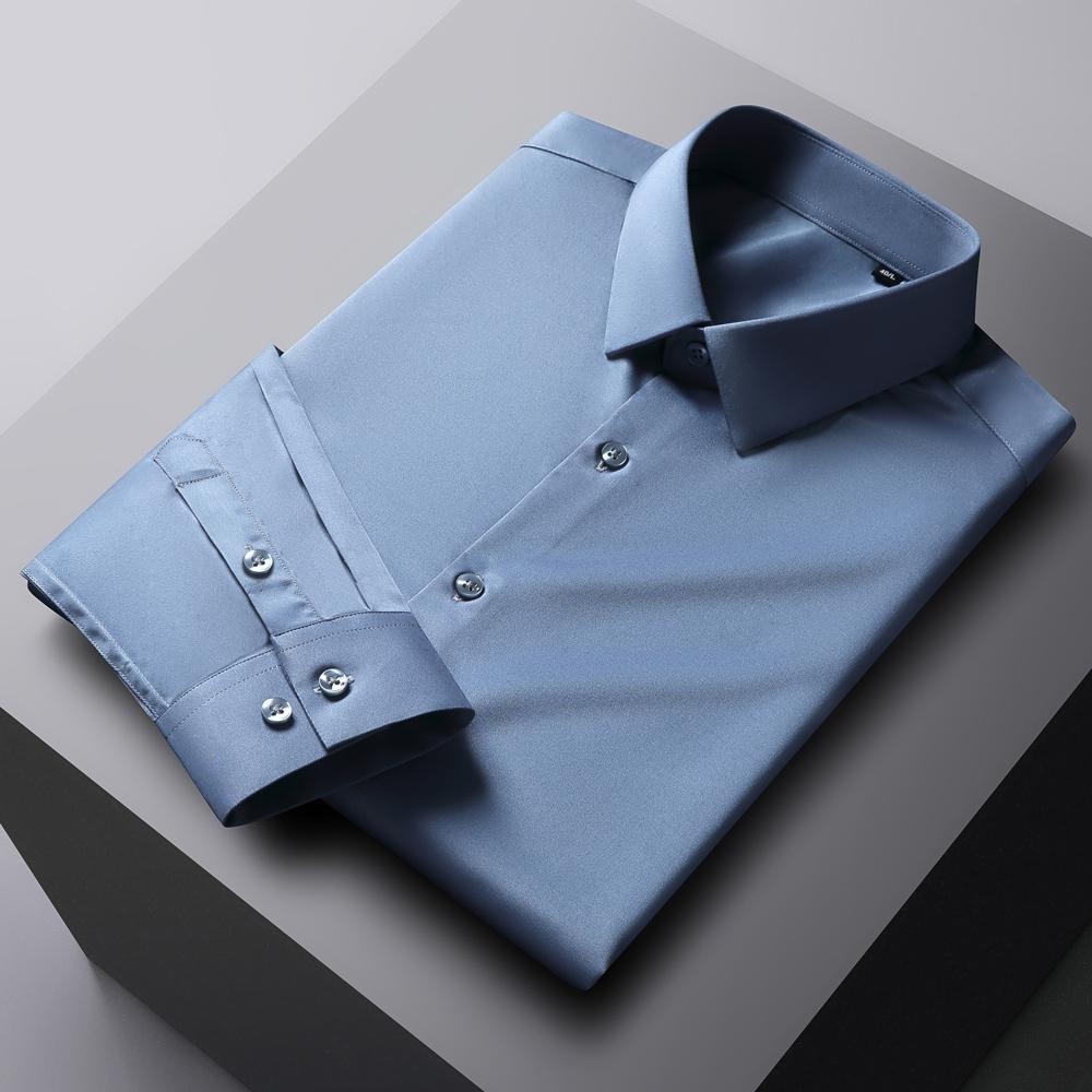 Мужская однотонная немнущаяся рубашка с длинным рукавом и эластичной тканью, шелковисто-гладкая, приятная к коже, простая в уходе, формальная мужская одежда, рубашка на пуговицах