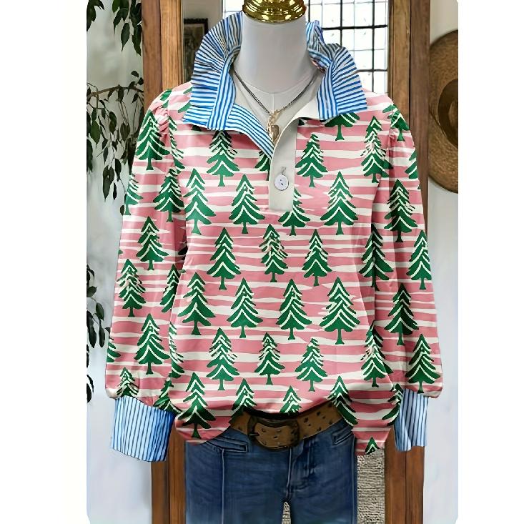 Женская блузка в ретро-рождественский узор - отложной воротник, длинный рукав, свободный повседневный силуэт, праздничный топ с принтом елки, подходит для осени/зимы