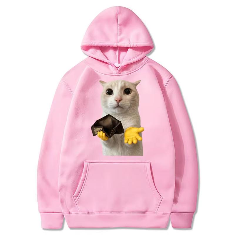2026 Hot Sale Funny Cat Empty Wallet Kitty Emoticon Pack Meme Hoodie Casual Unisex Streetwear Vintage Printed Sweatshirt Loose Cozy and Versatile