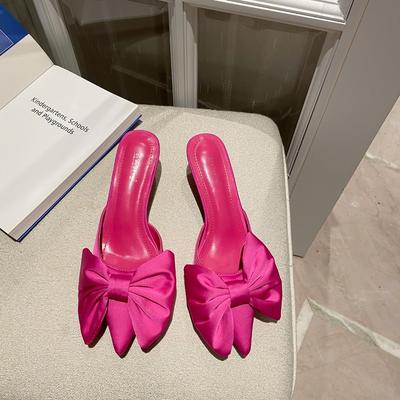 Мода Модные женские тапочки на тонком низком каблуке Черные розовые красные туфли с острым носком Большой бант Дизайн Летняя пляжная обувь Элегантные мюли