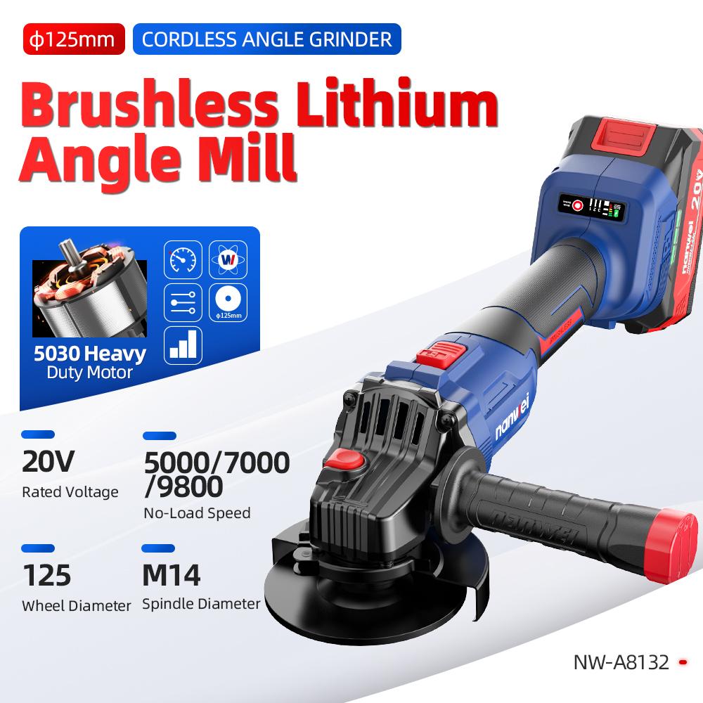 NANWEI Угловая шлифмашина 125 мм 5000/7000/9800 об/мин, 20 В, Бесщеточный двигатель