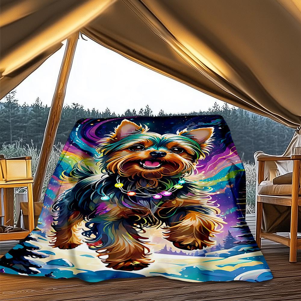 1pc Yorkie Christmas Lights Outdoor Flannel Blanket , Machine Washable Perfect Gift for Birthday , Holiday Travel Accessory , Durable Material