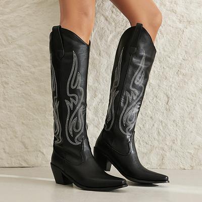 Большого размера Вышивка Полоска Заостренный Конус Грубый Каблук Дышащая Внутренняя часть Новые Западные Сапоги Сапоги Западного Ковбоя Рыцарские Сапоги