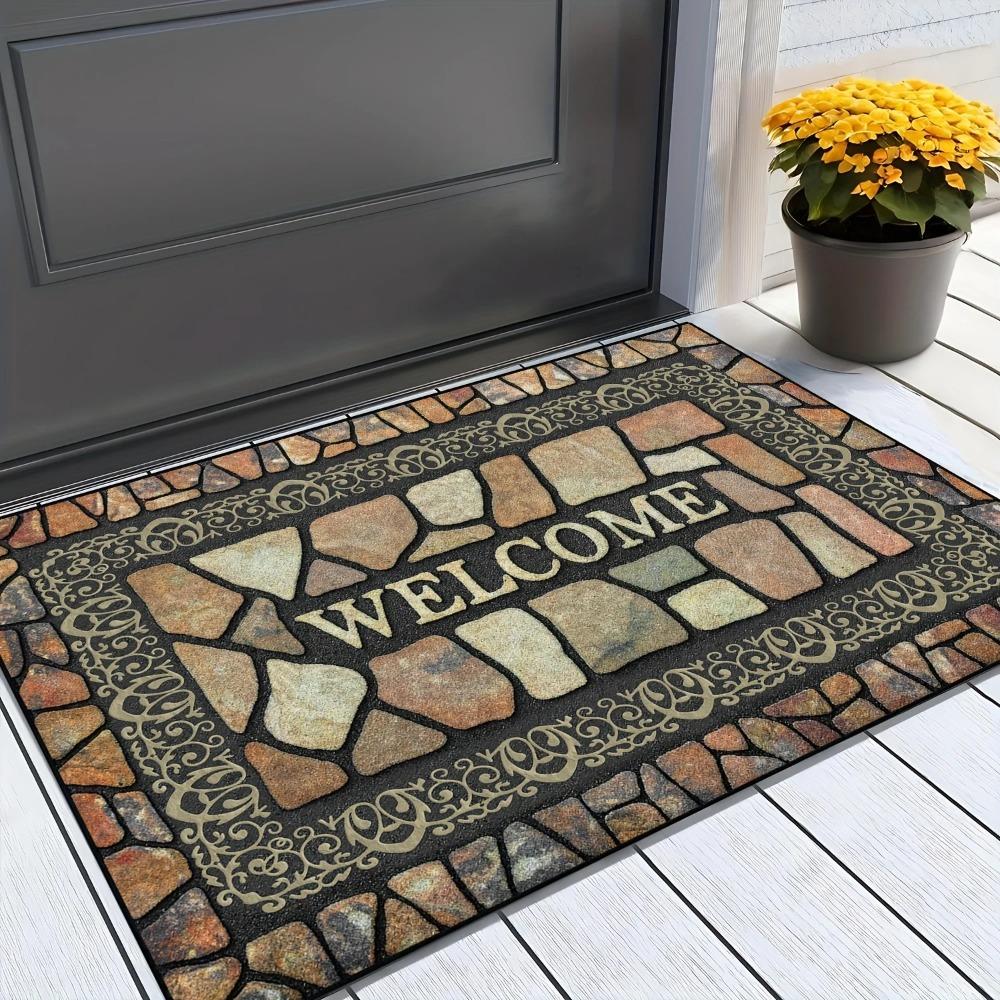 Stone Pattern Welcome Mat - Natural Rock Texture Rug for Indoor & Outdoor Entryway, Non-Slip Machine Washable Decor Carpet