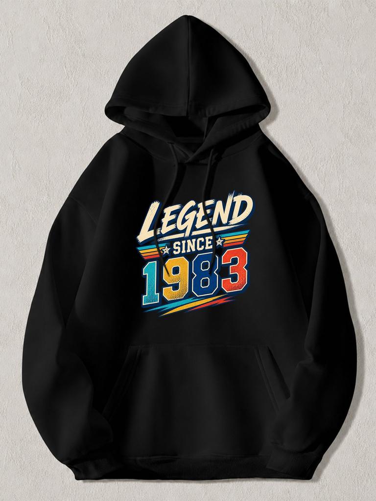 Black Pullover Hoodie with Retro Legend Since 1983 Graphic Print Vintage Style Sweatshirt with Kangaroo Pocket for Casual Daily We