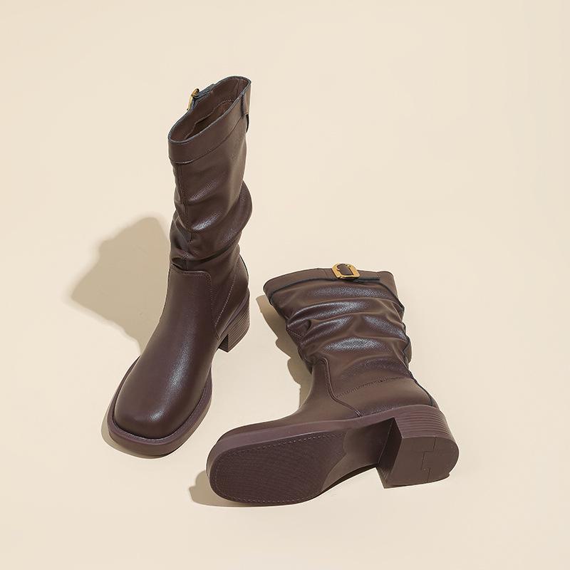 Осенне-зимние женские плиссированные сапоги до середины икры в западном ретро-стиле на толстом каблуке в популярном стиле.