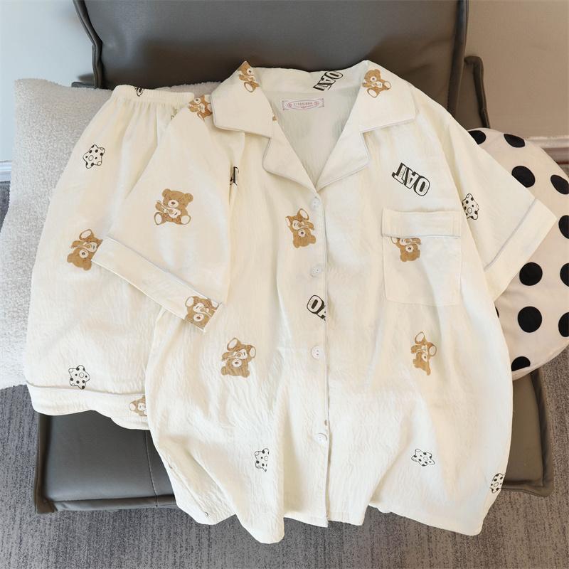 Fun Letter Bear Print Pajamas for Women Cartoon Sweet Cute Casual Women 2 Piece Set Homewear Simple Sleepwear Pajamas Set