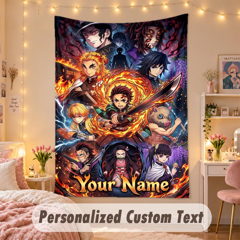 Custom Personalized Tapestry,Demon Slayer Print Custom Name Text Wall Art Hanging for Bedroom
