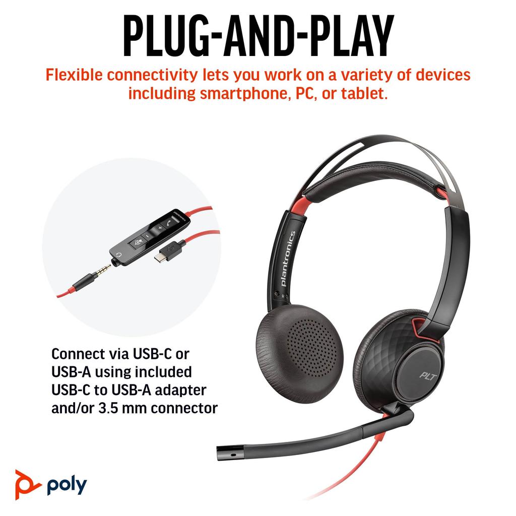 Poly Blackwire 5220 Wired Headset (9P7X6AA) with USB-C & 3.5mm Connections, Noise-Canceling Microphone, Lightweight, [2-Year Manufacturer's