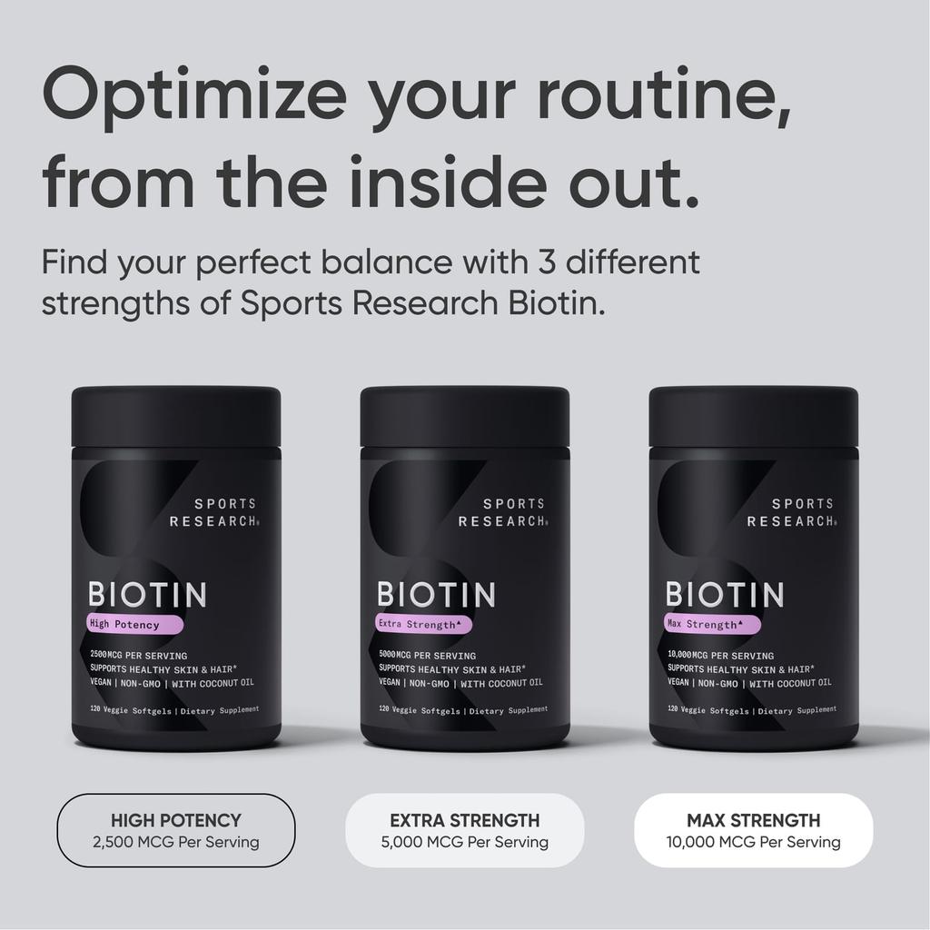 Sports Research Биотин, высокая эффективность, 2500 мкг, 120 растительных мягких капсул