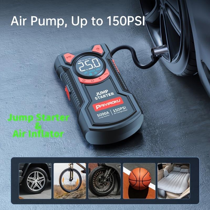 Пуско-зарядное устройство с компрессором, Автомобильный компрессор 150 PSI и Пусковое устройство 5000A с LED-фонарем, Функция Power Bank.