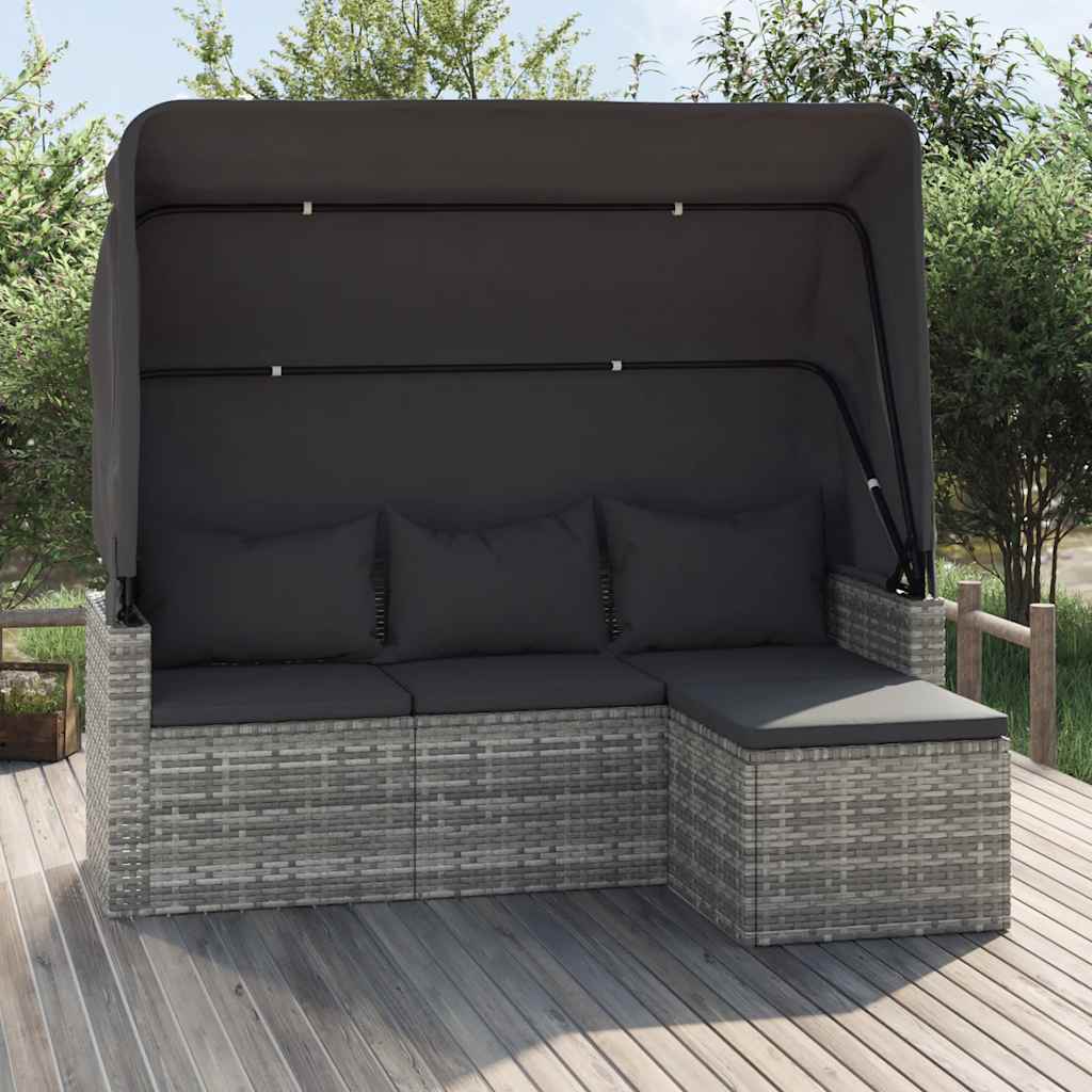3 Seater Garden Sofa with Canopy and Footstool Grey Poly Rattan