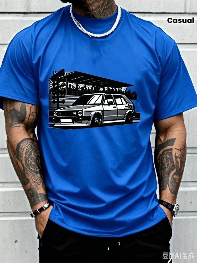 Fashion Retro Race Car Print T Shirt Crew Neck Short Sleeve Car Enthusiast Casual Streetwear Tee Tops