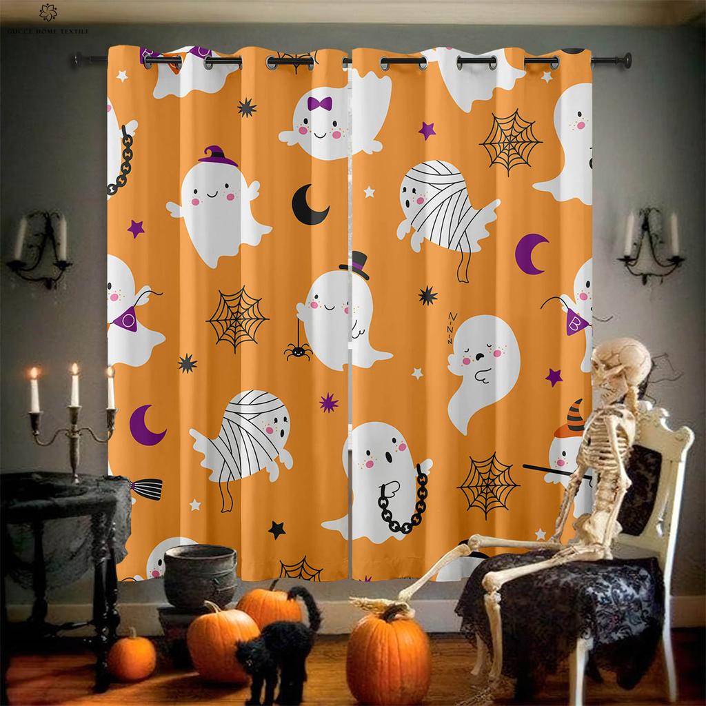 Карточные Хэллоуинские Занавески для Окон, Ужасный Узор с Тыквой и Призраком, Спальня, Ресторан, Вечеринка, 2 шт.